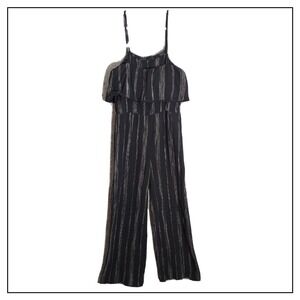 A New Day Jumpsuit L Crinkle Gauze Stripe ruffle Wide Leg Festival Boho Nautical